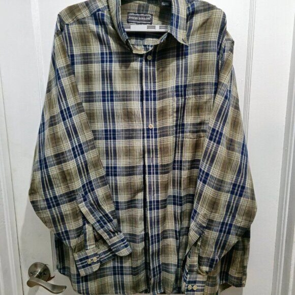David Taylor Long Sleeve Button Casual Dress Shirt - XL - Blue, Green checkered - Picture 10 of 16